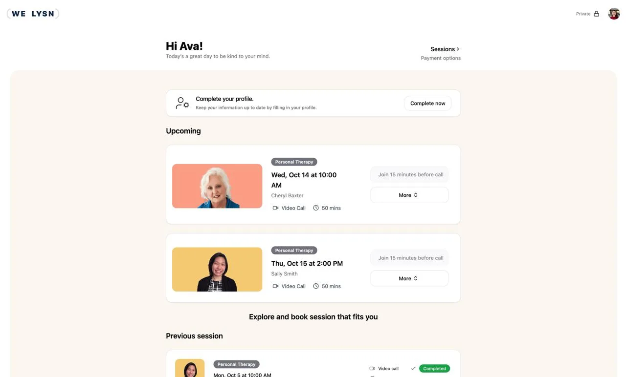 The WeLysn client portal: upcoming therapy sessions and a profile to complete.