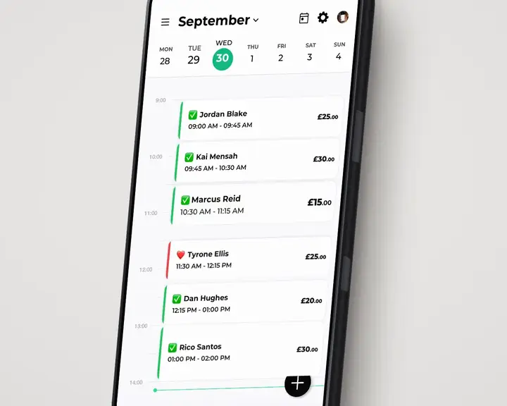 A barber's day in the Barbr app, booked from 09:00.